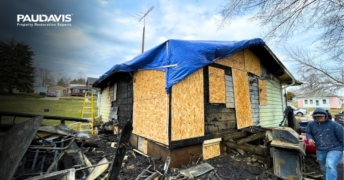 Paul Davis on site of residential fire to do board up services.